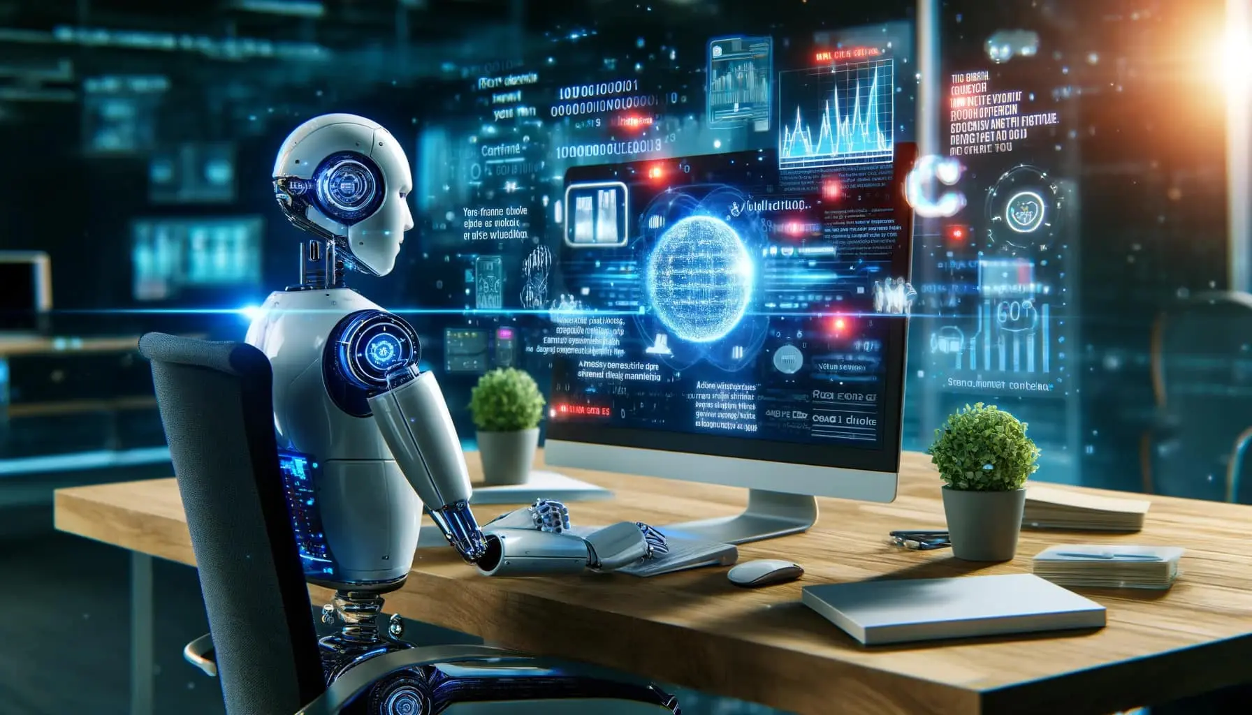 AI-powered-robot-sitting-at-a-desk-creating-content, AI-generated-content-Advantages-and-Disadvantages
