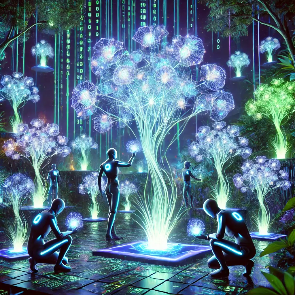 A futuristic image symbolizing Large Language Model Optimization (LLMO). A glowing jungle filled with luminous neural plants, their branches resembling.