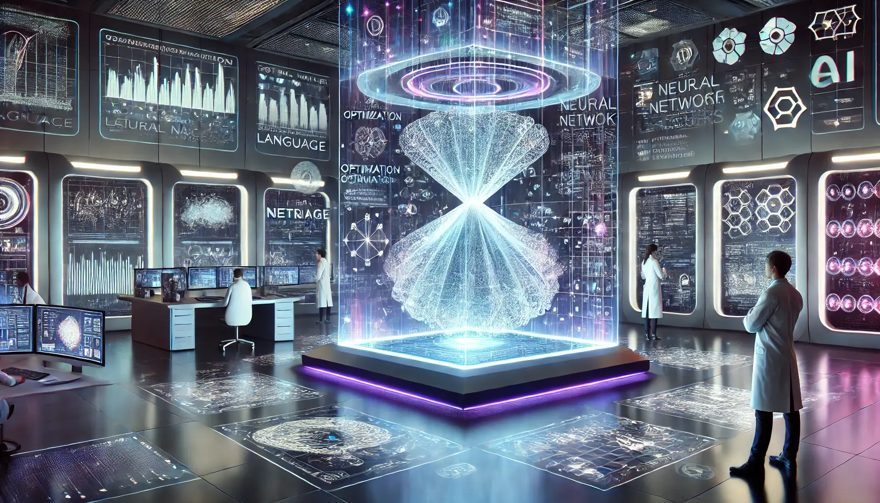 A futuristic laboratory filled with holographic displays floating in the air, showing complex optimization graphs and neural network patterns.