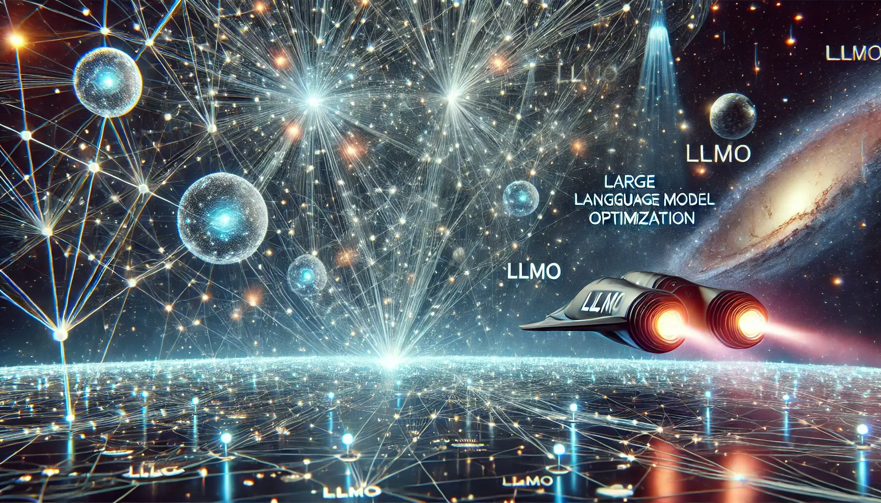 A futuristic sci-fi illustration representing Large Language Model Optimization (LLMO). The scene depicts a massive neural network visualized as a galaxy.